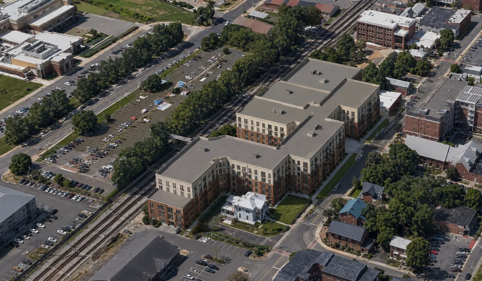 Aerial rendering of the CenterST Manassas mixed-use development in Historic Downtown Manassas